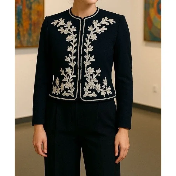 Vintage Saks Fifth Avenue Brocade Black and White Short Jacket Size 8 Old Money - Picture 1 of 14